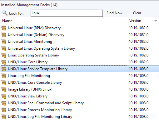Screenshot list of 10.19.1082.0 versioned Linux management packs required to 'configure Linux FluentD'